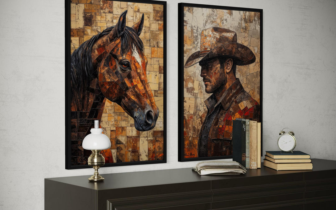 Two vertical canvas prints of a cowboy and a horse in a rustic, mosaic-style Western art set.