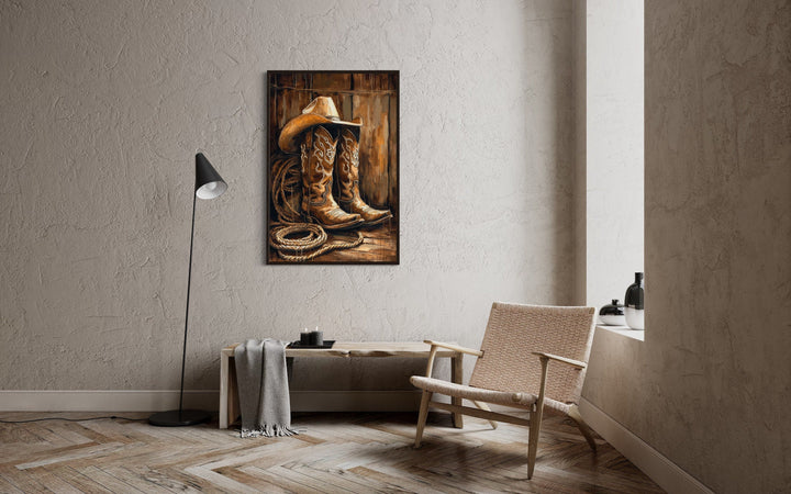 Cowboy Boots And Hat Framed Canvas Wall Art