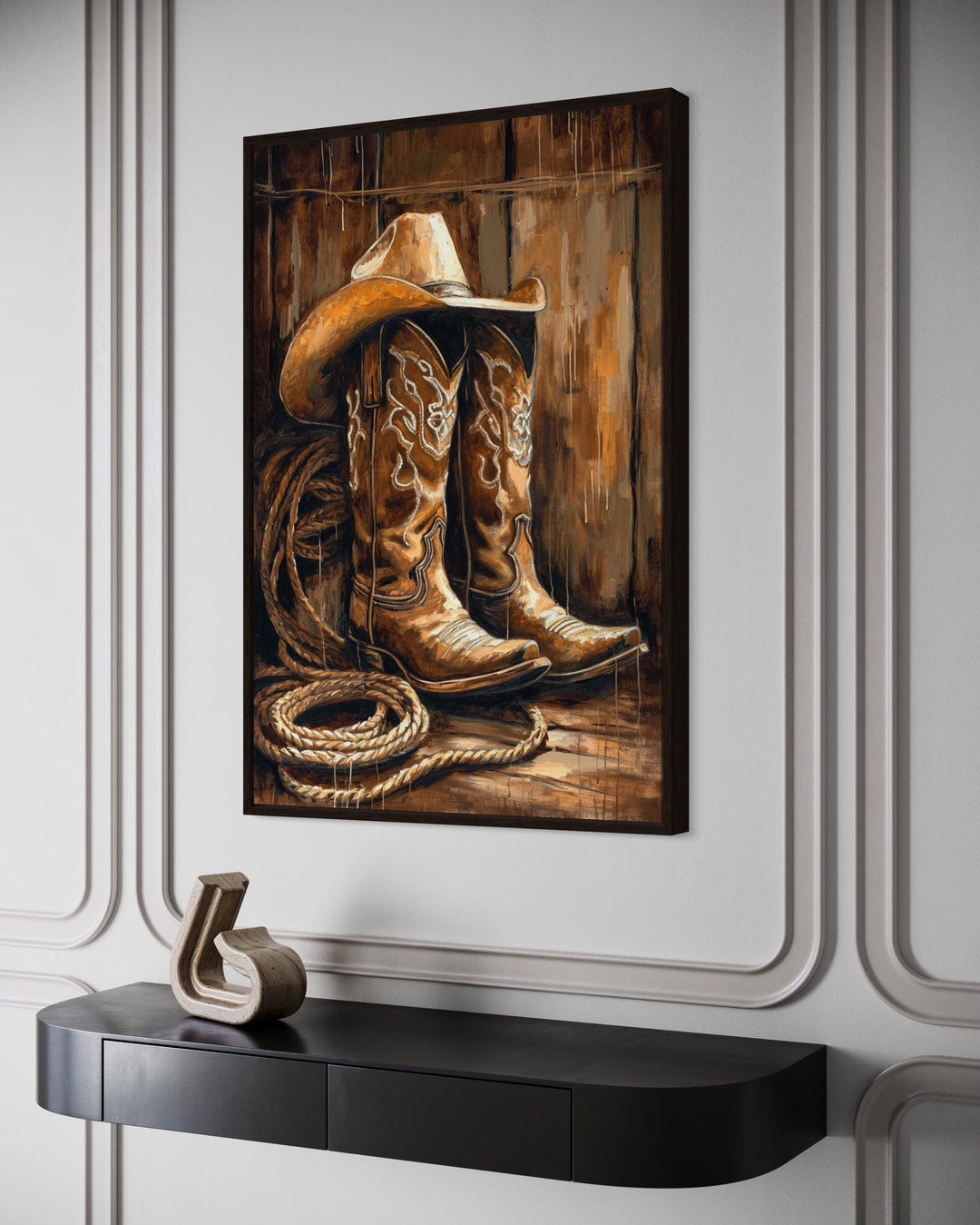 Cowboy Boots And Hat Framed Canvas Wall Art