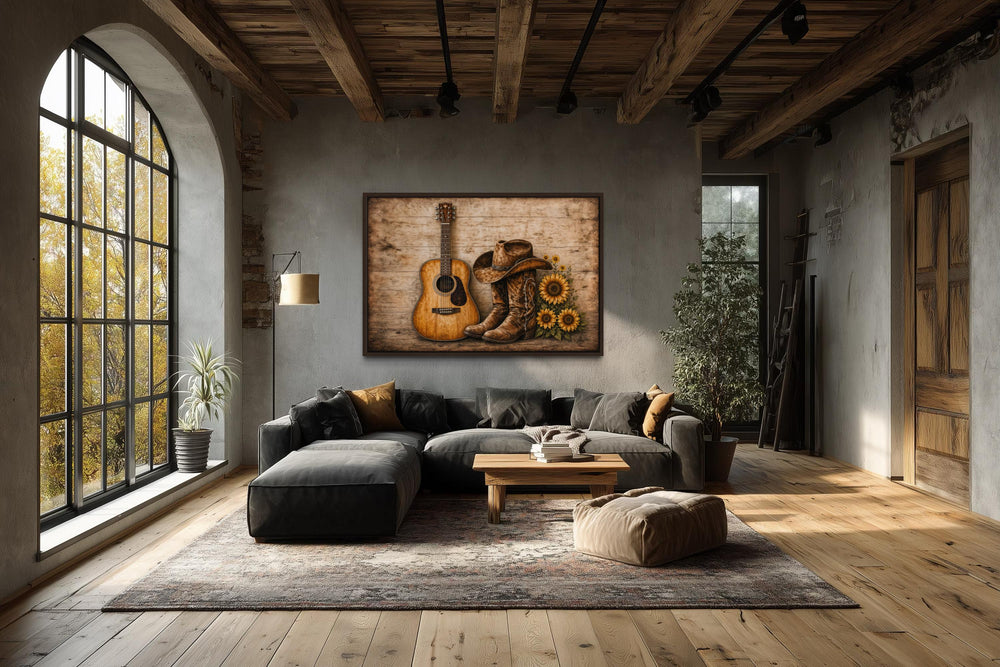 Rustic canvas wall art featuring cowboy boots, a hat, a guitar, and sunflowers in a modern loft.