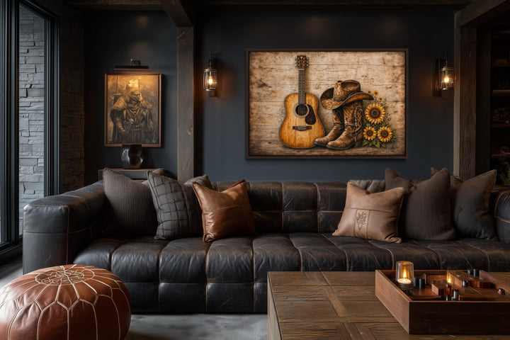 Rustic canvas wall art featuring a guitar, cowboy boots, hat, and sunflowers on a dark wall.