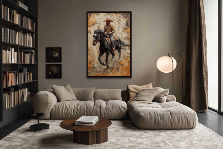 Cowboy on horseback canvas wall art with rustic western theme.