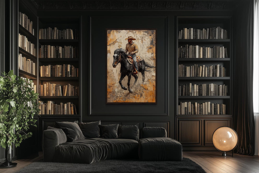 Cowboy on horseback canvas art with rustic western theme.
