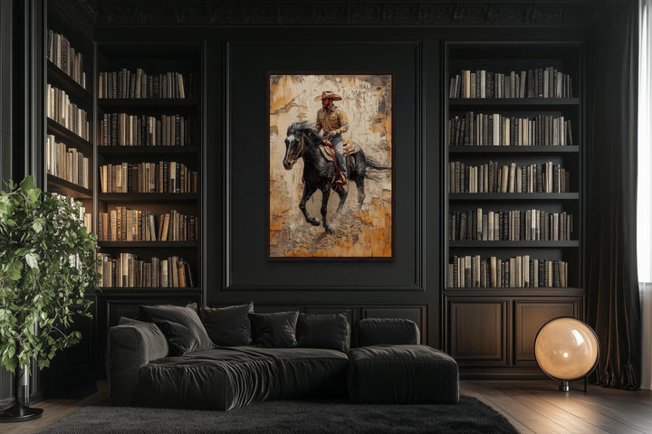 Cowboy on horseback canvas art with rustic western theme.