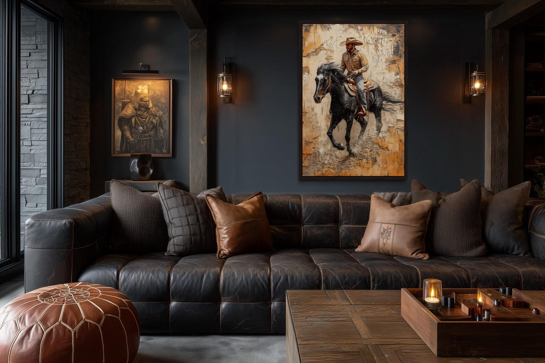 Cowboy on horseback canvas wall art with rustic western theme.