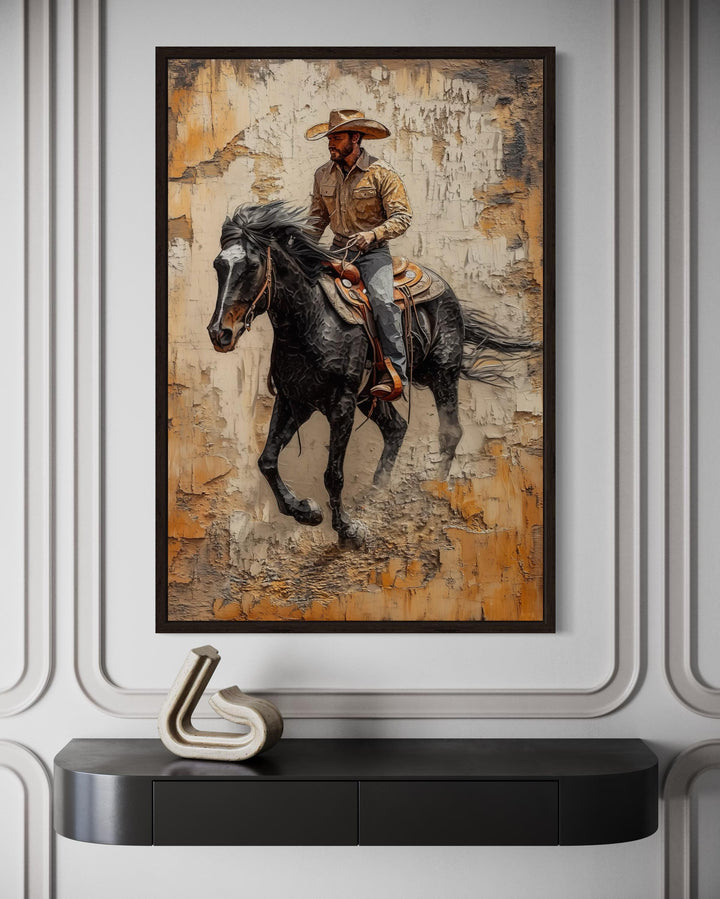 Cowboy on horseback canvas wall art with a rustic, textured background.