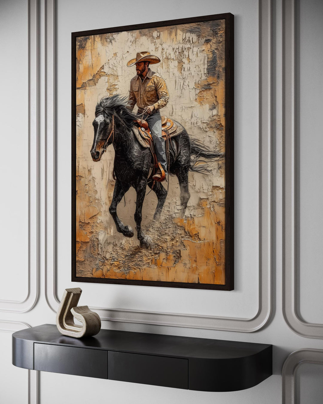 Cowboy canvas wall art with a rustic horseback cowboy print.