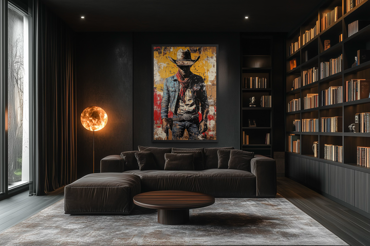A framed canvas of a cowboy in a graffiti style hangs in a modern, dark-toned living room.