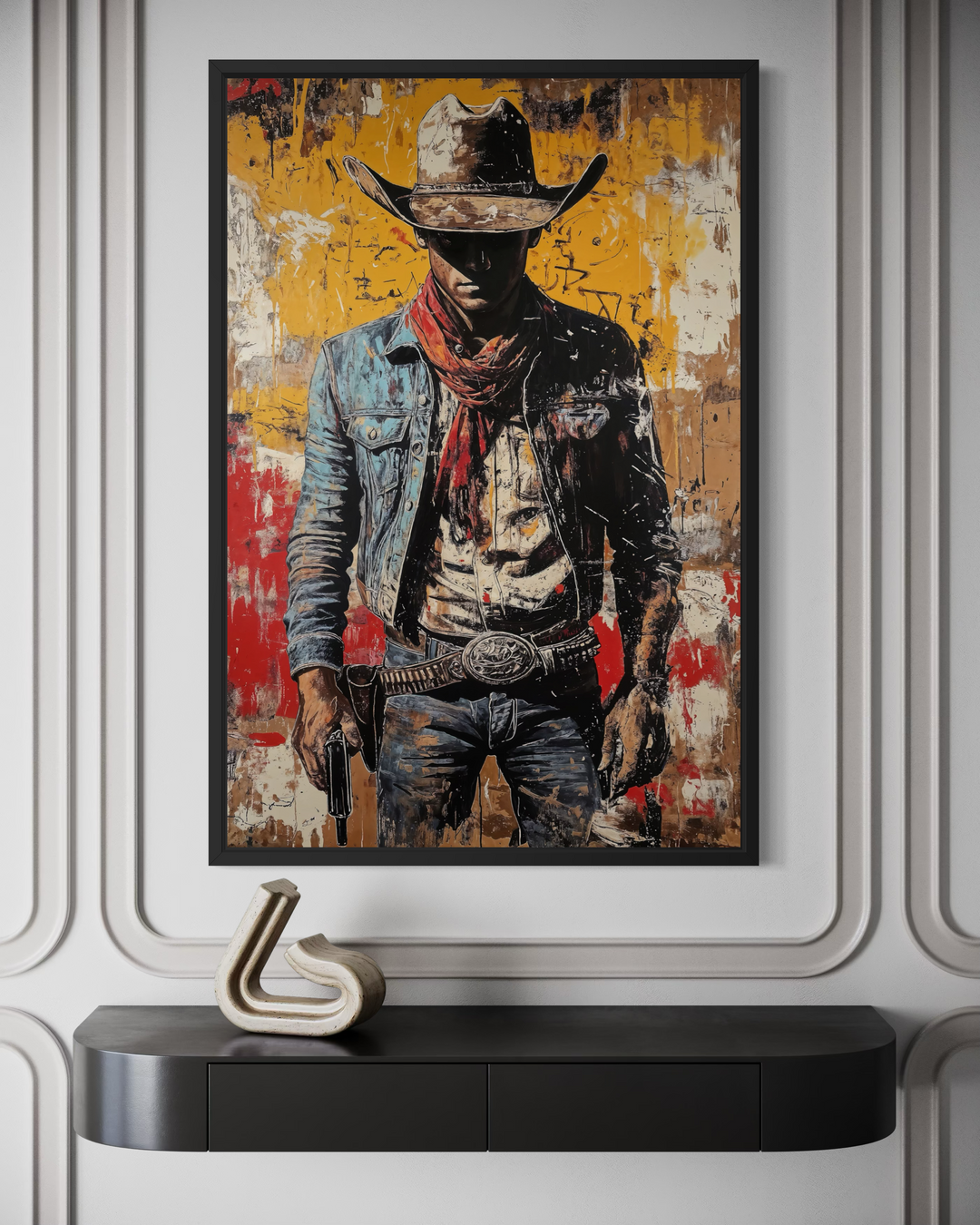 Framed canvas wall art of a cowboy in a denim jacket with a graffiti-style abstract background.