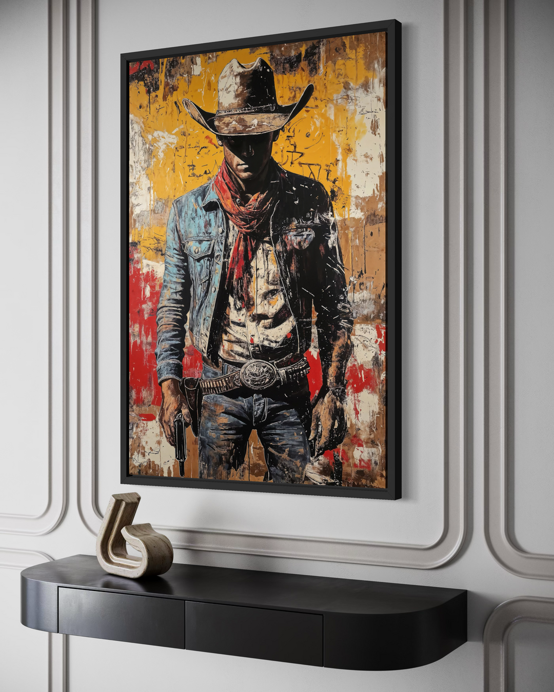 A framed canvas wall art featuring a rugged cowboy in a graffiti-style painting.