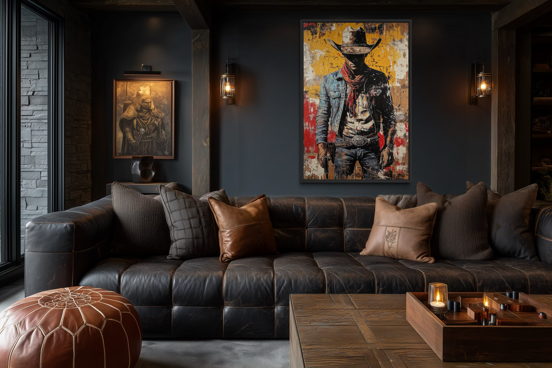 A framed canvas of a cowboy in graffiti style hangs above a dark leather sofa in a rustic room.
