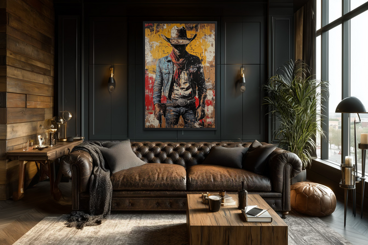 A framed canvas of a cowboy in a graffiti style hangs in a dark, modern living room.