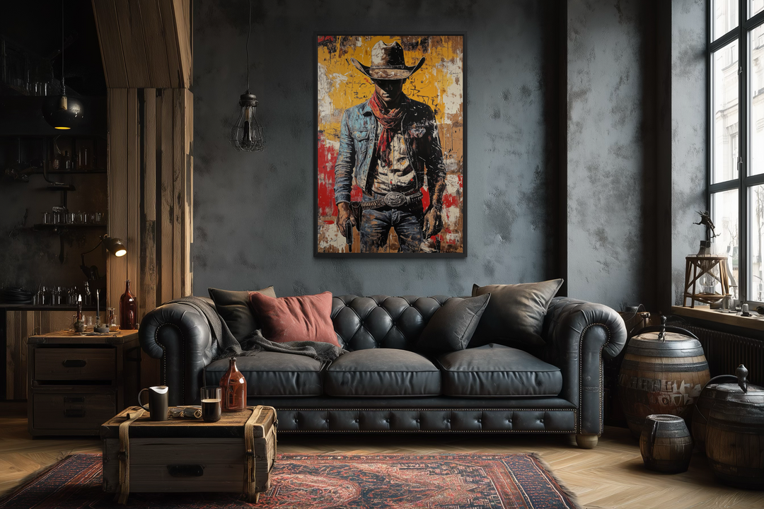 A framed canvas of a cowboy in graffiti style hangs above a black leather sofa in a rustic room.