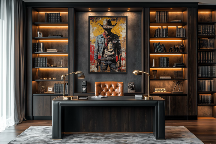 A framed canvas of a cowboy in a graffiti style hangs above a modern desk in a dark wood office.