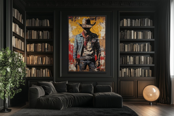 A framed canvas of a cowboy in graffiti style hangs in a dark, modern library with black bookshelves.