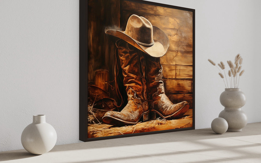 Cowboy Hat and Boots Square Framed Canvas Wall Art