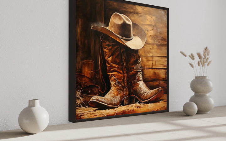 Wall Art For Men - Cowboy Hat and Boots Square Framed Canvas Wall Art