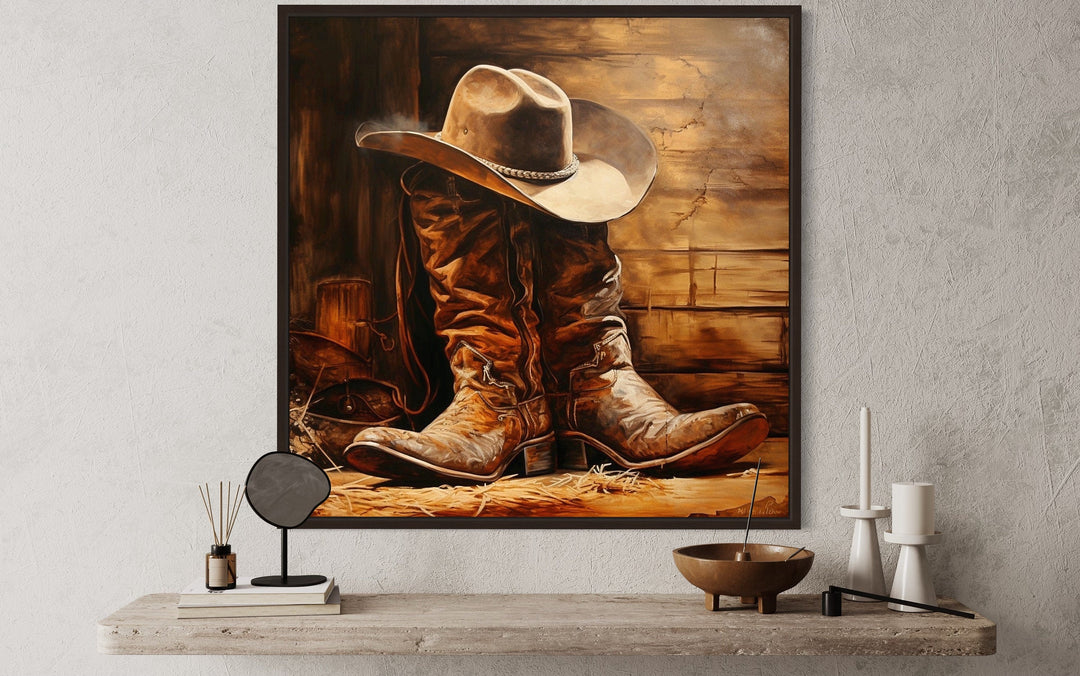 Cowboy Hat and Boots Square Framed Canvas Wall Art