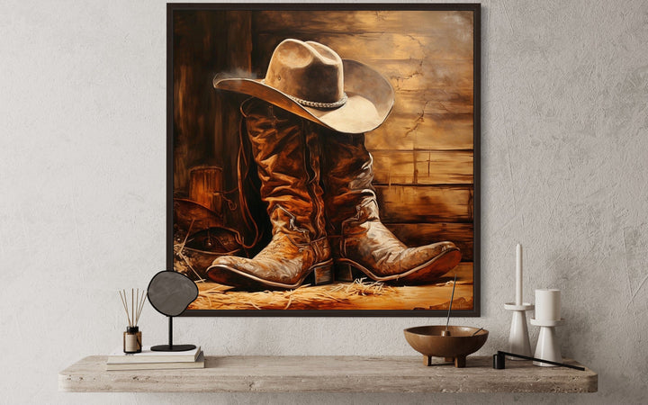 Wall Art For Men - Cowboy Hat and Boots Square Framed Canvas Wall Art