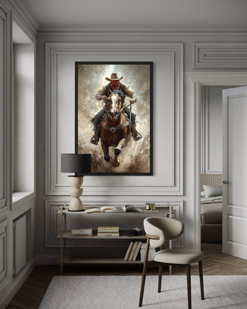 Cowboy On Horse Framed Canvas Wall Art
