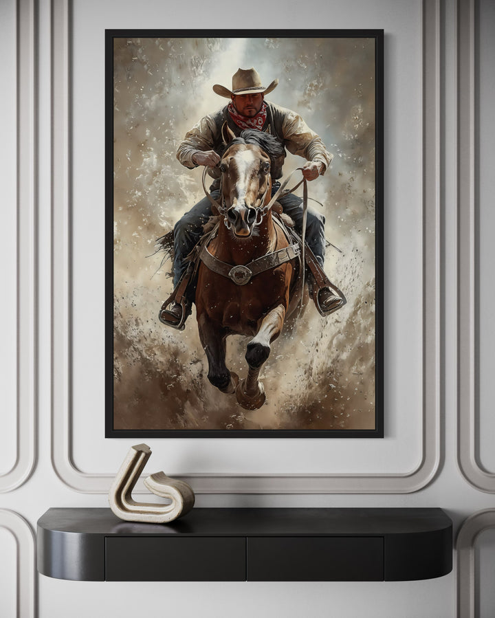 Cowboy On Horse Framed Canvas Wall Art