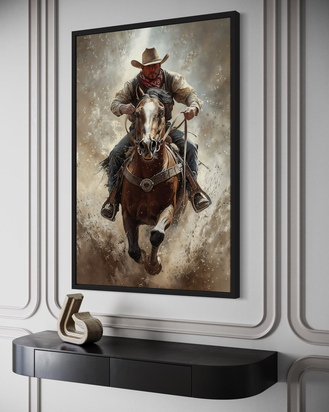 Cowboy On Horse Framed Canvas Wall Art