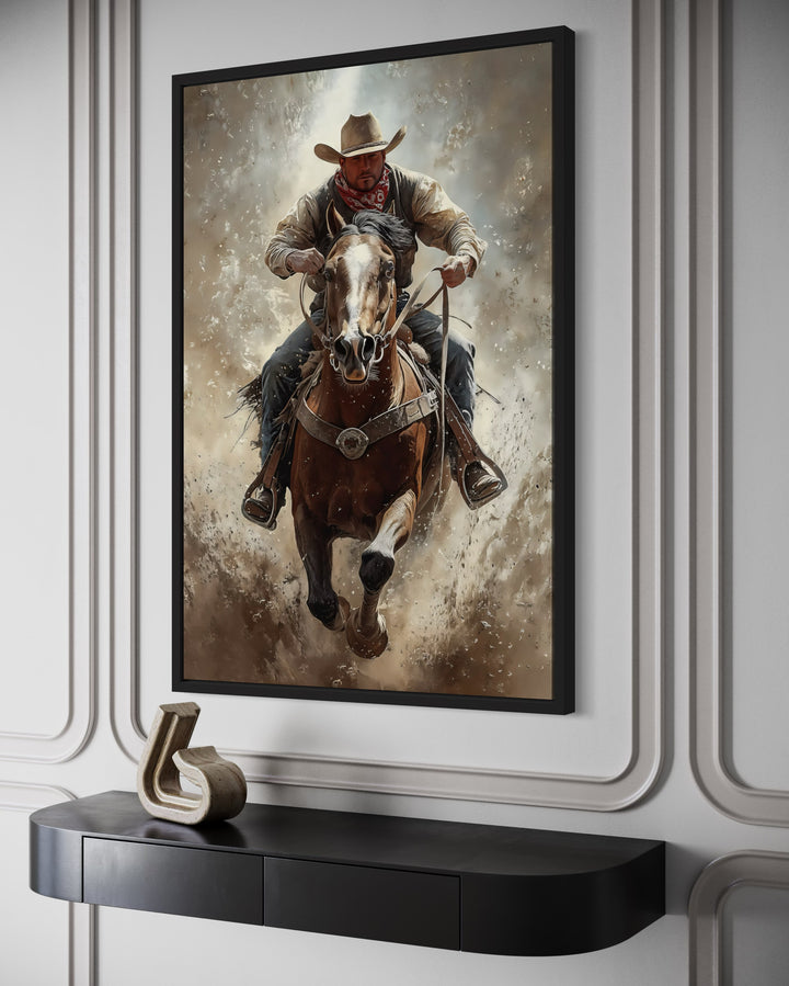 Cowboy On Horse Framed Canvas Wall Art