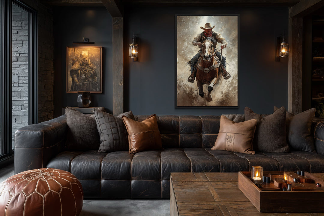 Cowboy On Horse Framed Canvas Wall Art