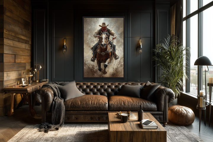 Cowboy On Horse Framed Canvas Wall Art