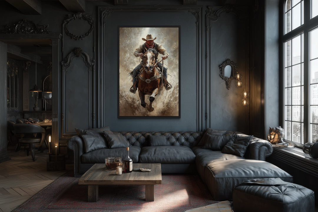 Cowboy On Horse Framed Canvas Wall Art