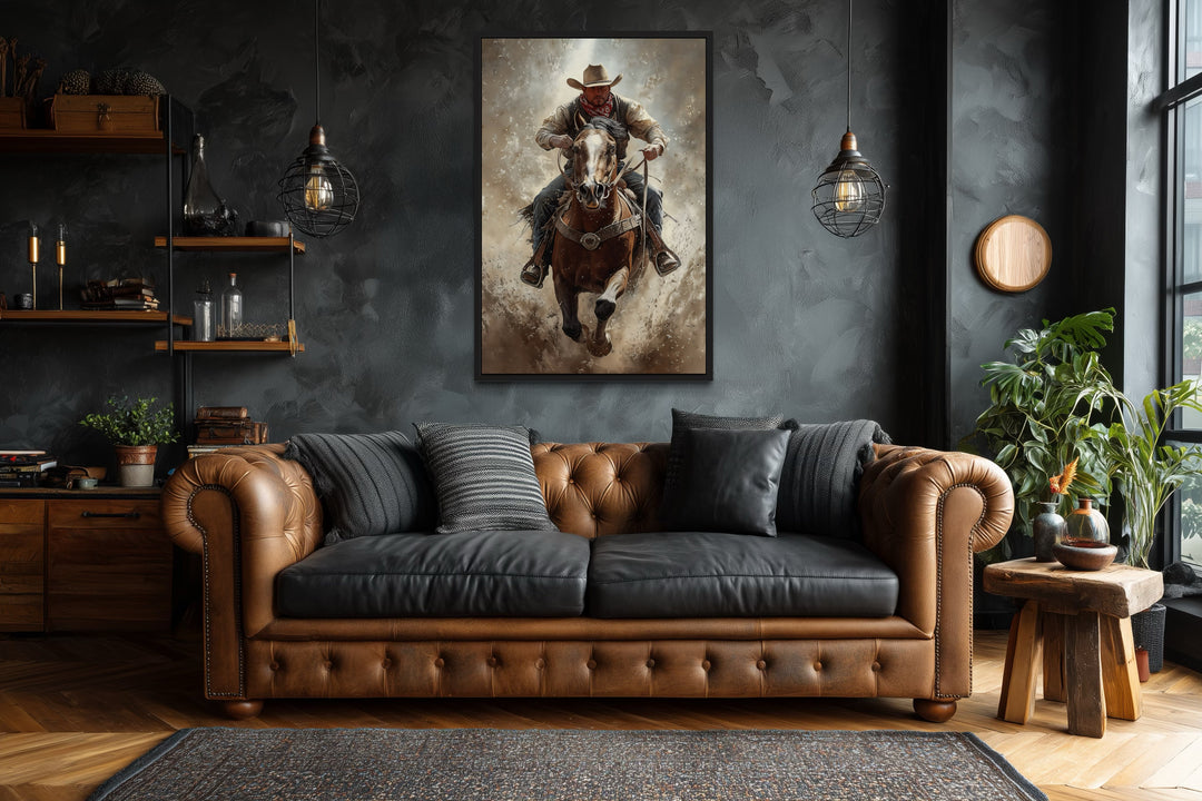 Cowboy On Horse Framed Canvas Wall Art