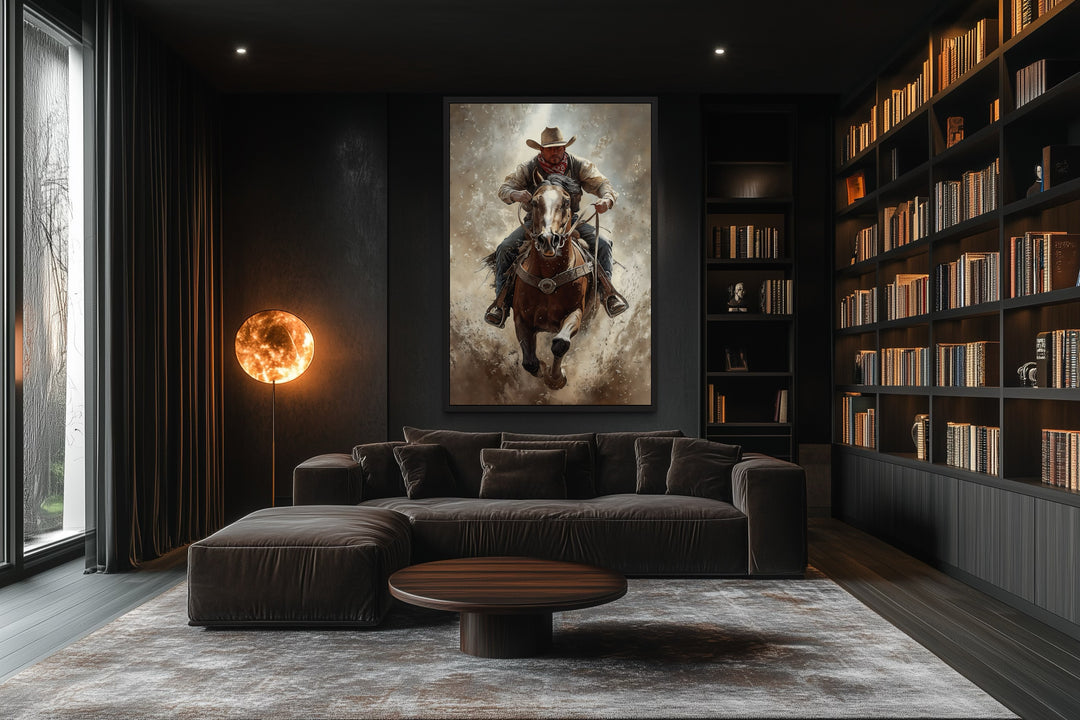 Cowboy On Horse Framed Canvas Wall Art