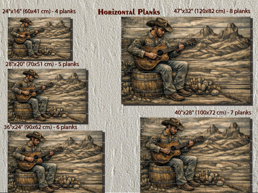 Cowboy playing guitar wood wall art in five sizes featuring rustic western music on wood planks.