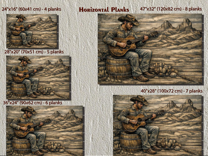 Cowboy playing guitar wood wall art in five sizes featuring rustic western music on wood planks.
