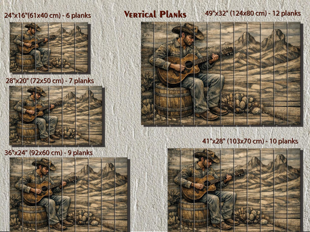 Rustic western wood wall art featuring a cowboy playing guitar, available in five vertical plank sizes.