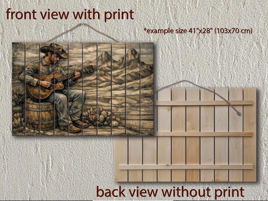 Rustic western wood wall art featuring a cowboy playing guitar against a mountain landscape.