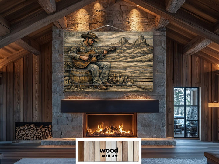 Rustic western wood wall art featuring a cowboy playing guitar on a distressed wood panel.