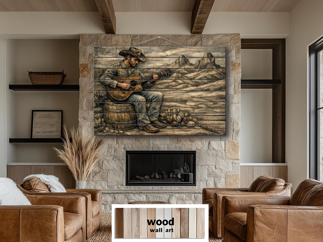 Rustic cowboy playing guitar wood wall art displayed over a stone fireplace in a living room.