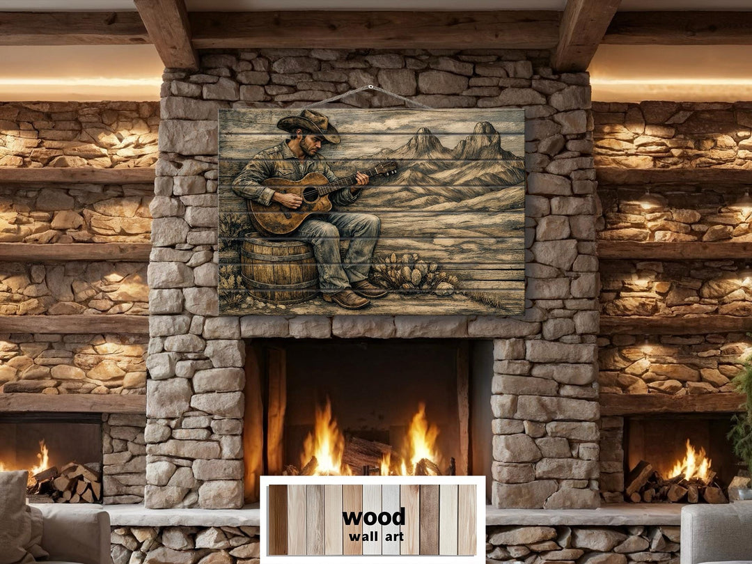Rustic western wood wall art featuring a cowboy playing guitar on a distressed wood panel.