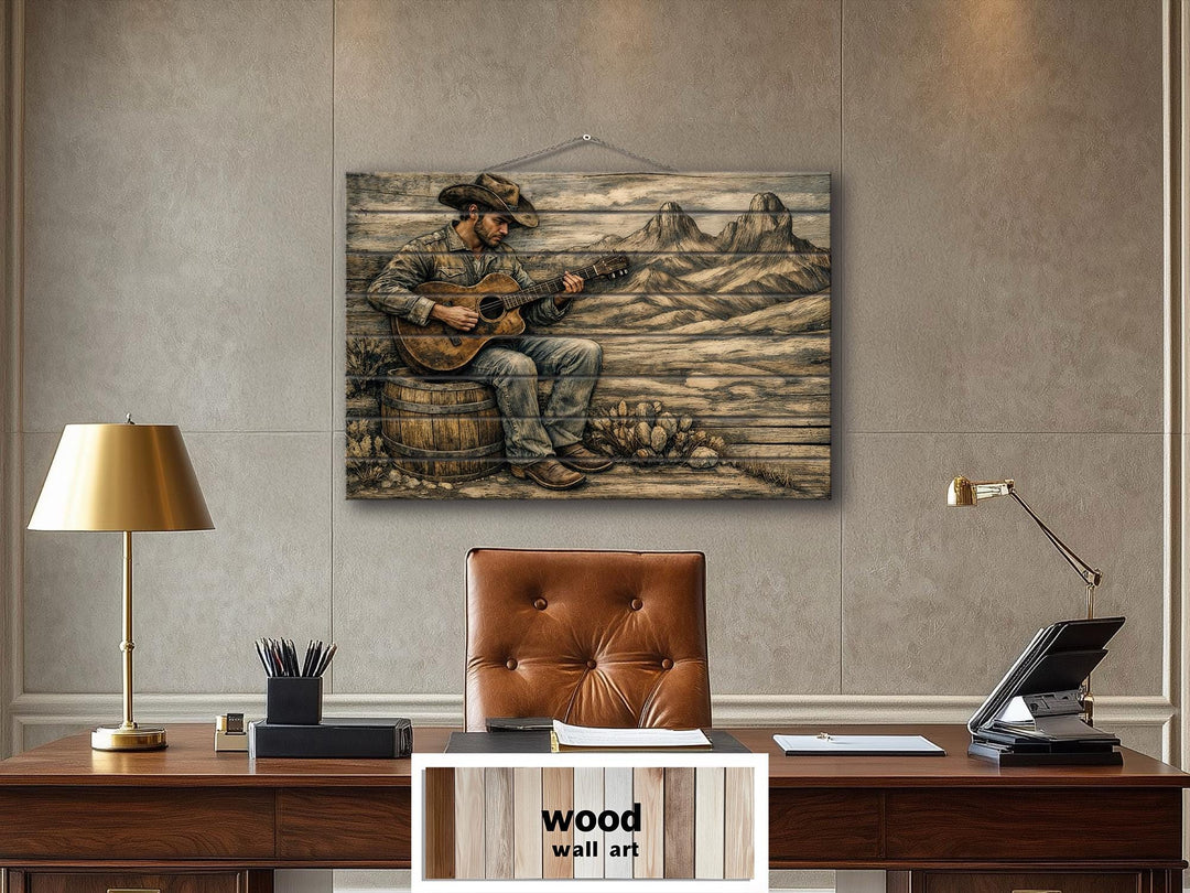 Rustic cowboy playing guitar wood wall art on a distressed panel above a leather office desk.