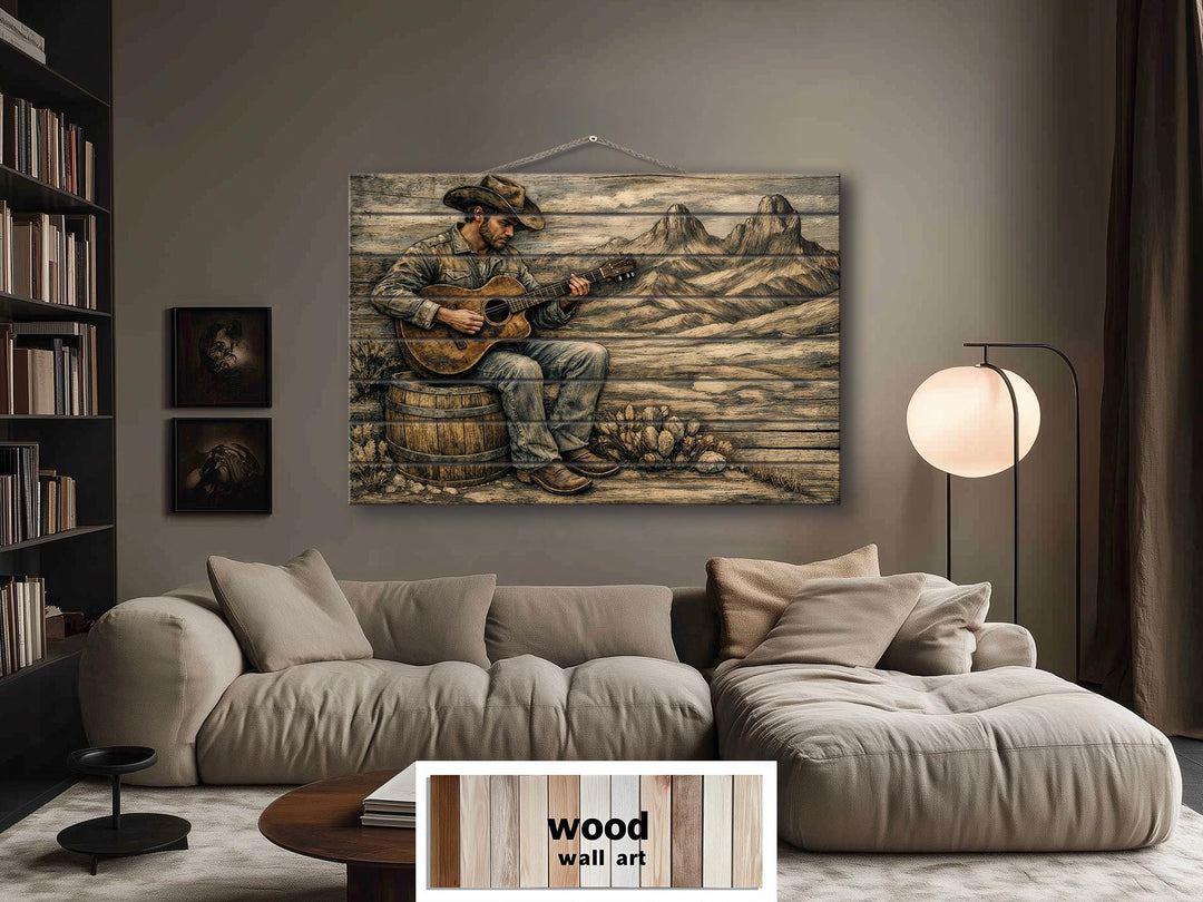 Rustic western wood wall art featuring a cowboy playing guitar on a distressed wood panel.