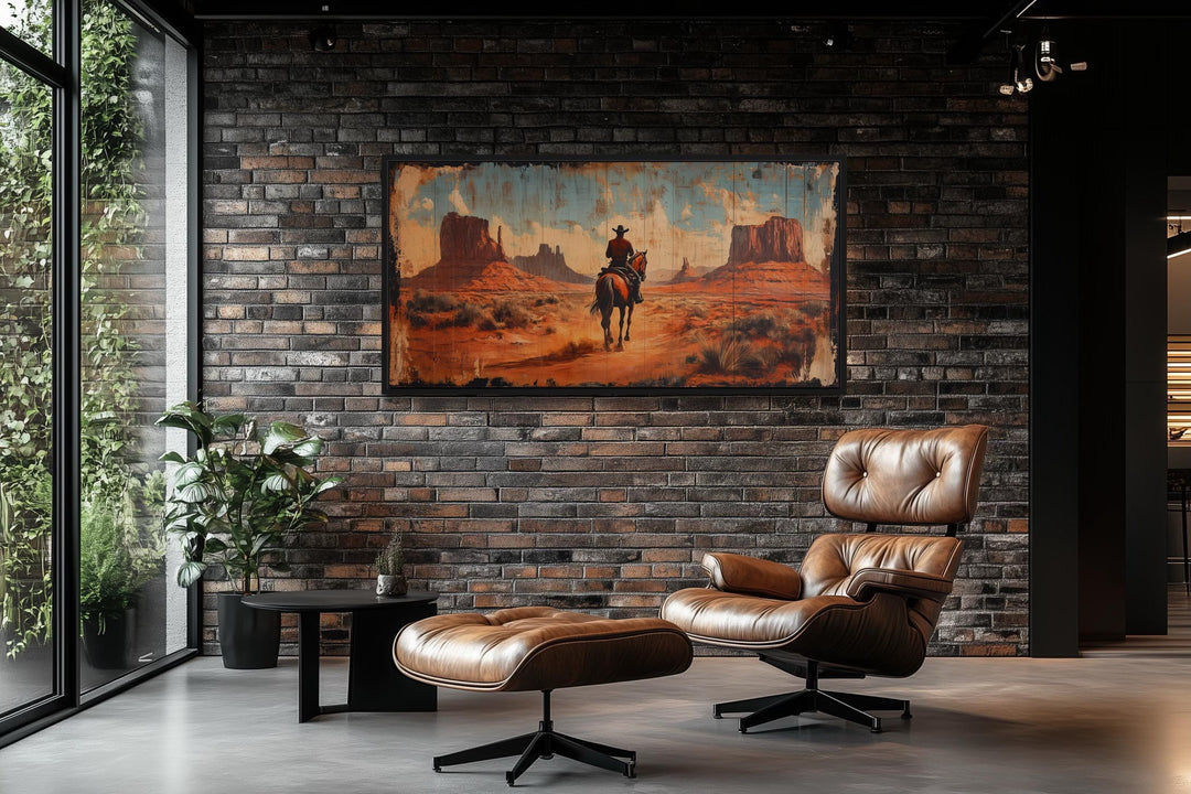 Cowboy riding a horse in Monument Valley framed canvas wall art on a dark brick wall.