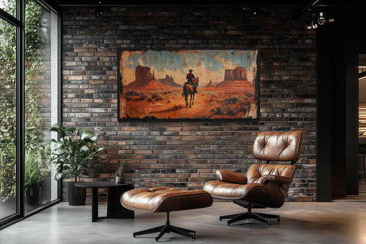 Cowboy riding a horse in Monument Valley framed canvas wall art on a dark brick wall.