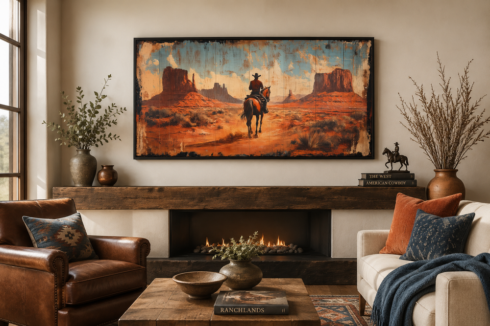Framed panoramic canvas art of a cowboy riding a horse through Monument Valley over a fireplace.