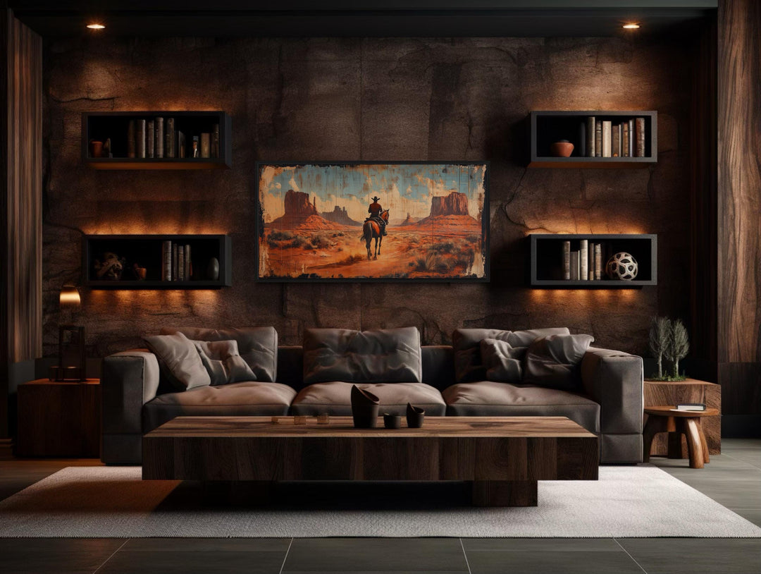 Framed canvas wall art of a cowboy on a horse in Monument Valley above a modern sofa.