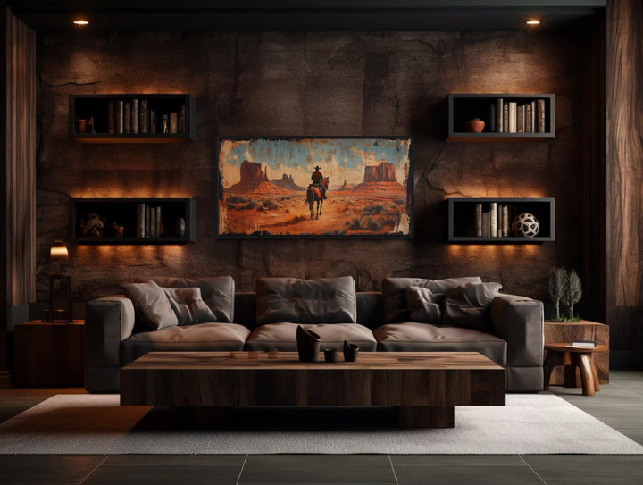 Framed canvas wall art of a cowboy on a horse in Monument Valley above a modern sofa.