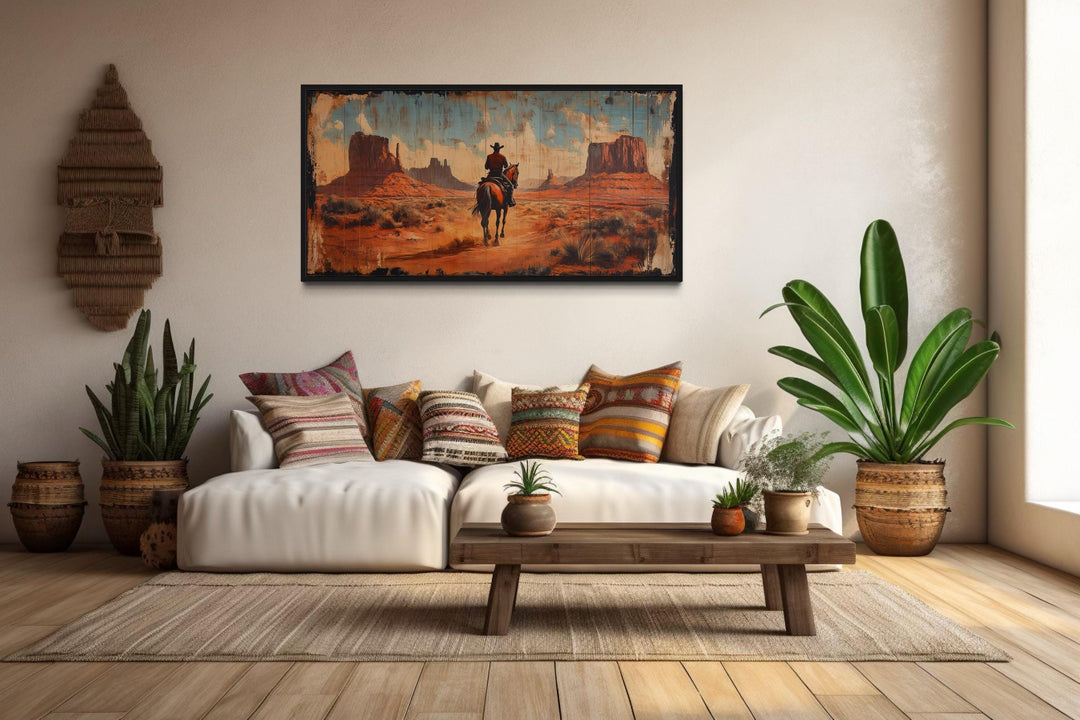 Framed panoramic canvas art of a cowboy riding a horse in Monument Valley above a white sofa.