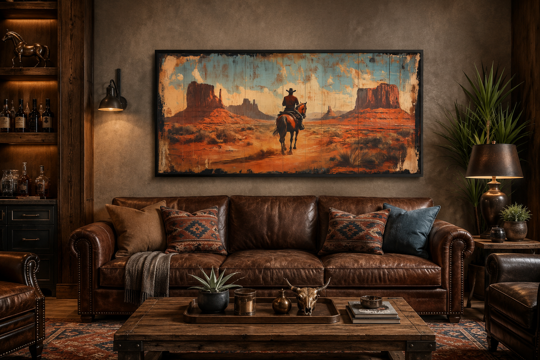 Cowboy riding a horse in Monument Valley framed canvas wall art above a brown leather sofa.