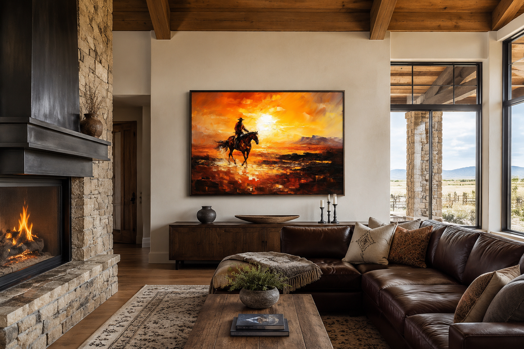 Wild West canvas art of a cowboy riding a horse in a desert at sunset, hung in a rustic living room.