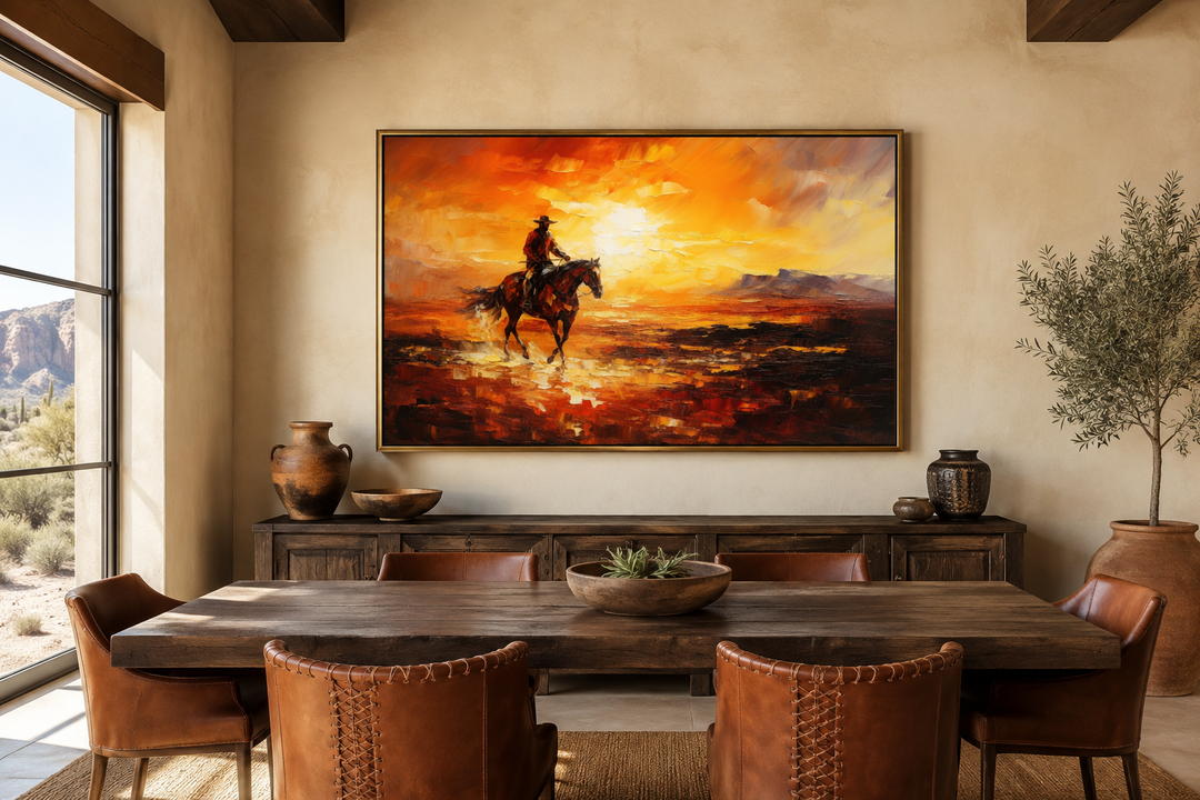 Wild West canvas art of a cowboy riding a horse in a desert at sunset, hung in a rustic dining room.